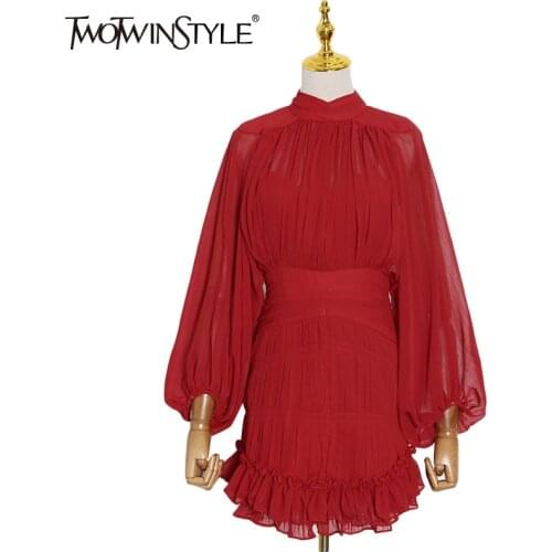 TWOTWINSTYLE Leopard Hollow Out Dress For Women Stand Collar Lantern Sleeve High Waist Print Mini Dresses Female Fashion New