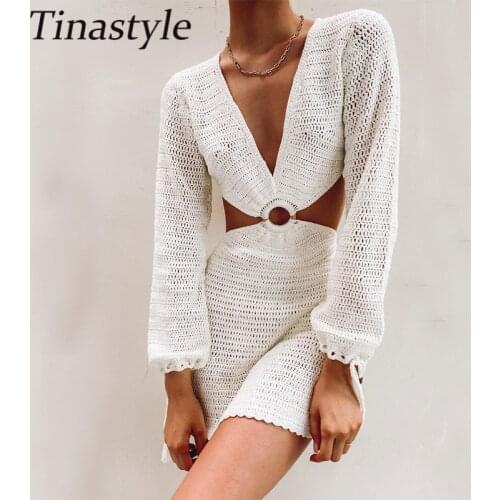 Tinastyle 2021 Knit Stripe Long Sleeve Dress Beach Backless Summer Hollow Out Women V Neck Sexy Party Mini Dresses Casual White