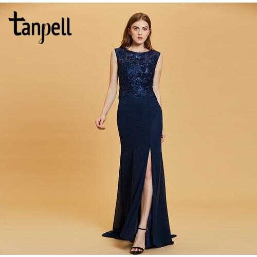 Tanpell split front evening dress dark navy sleeveless a line floor length dresses women bateau formal prom long evening gown