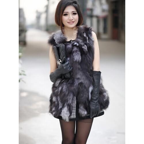 Real natural genuine fox fur vest women fashion sliver fox fur gilet jackets ladies over coat outwear