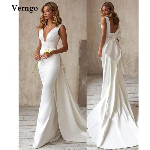 Verngo Modest Ivory White Satin Mermaid Wedding Dress With Attachable Train V Neck Long Boho Wedding Bridal Gowns Backless Bow