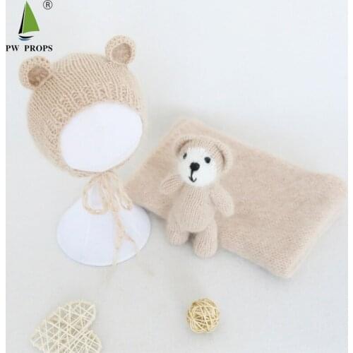 Angola Knit Teddy Bear Bonnet Toy Set Newborn Photography Props Crochet Amigurumi Toy Baby Fluffy Hat Handmade Animal Filler