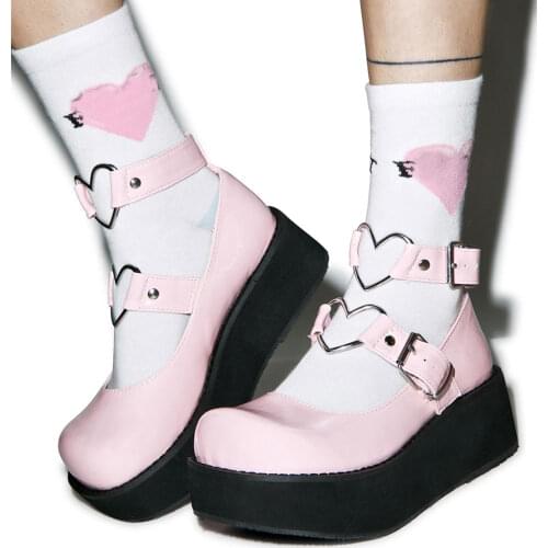 Large Size 43 Girls Marry Jane Pumps Heart Buckle Platform Lolita Cosplay Brand Women Pumps Sweet Punk Cool Quality Shoes Woman