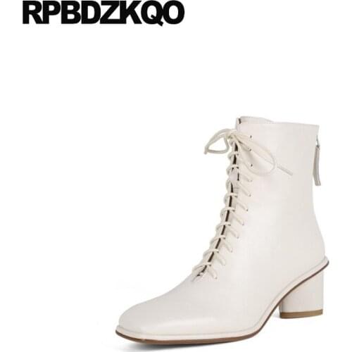 Celebrity Genuine Leather Luxury Brand Shoes Women British Fall Chunky High Heel Square Toe Beige Lace Up Winter Boots Ankle