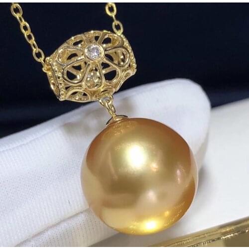 D317 Fine Jewelry 18K Gold Natural 13-12mm Ocean Sea Golden Pearl Pendants Necklaces for Women FIne Pearls Pendants