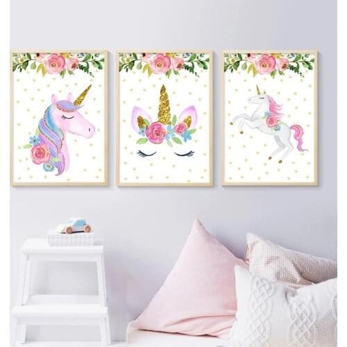 Flower Unicorn Nursery Poster Scandinavian Style Child Wall Art Canvas Painting Modern Print Baby Room Decoretion