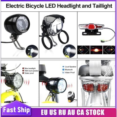 Electric Bicycle LED Headlight and Taillight 12-80V Super Bright Built-in Horn Electric Bike Headlight with Switch