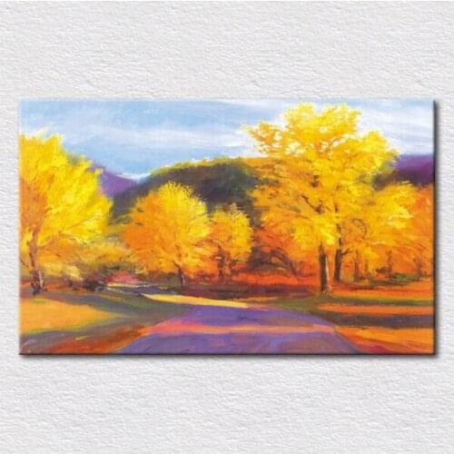 Canvas prints hand painted autumn oil painting picture with gold color trees for living room decor