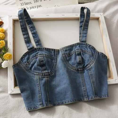 Women Fashion Slim Zipper Denim Bodycon Tank Navel Crop Top Lady Summer Casual Strap Camisole Girls Sleeveless Daily Basic Shirt