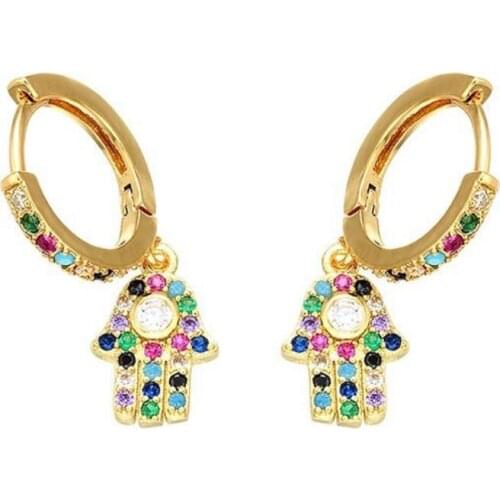 Rainbow Zircon Small Hand Hoop Dangle Earrings Colorful CZ Micro Pave Cubic Zirconia Luxury Drop Earrings For Wedding Party Gift