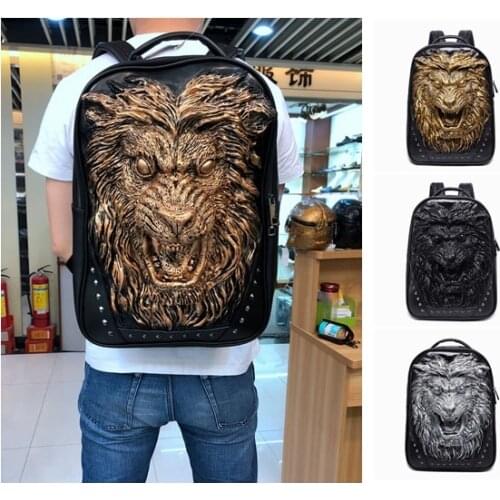 European and American fashion leisure men and women backpack three-dimensional lion head real leather bag personality college