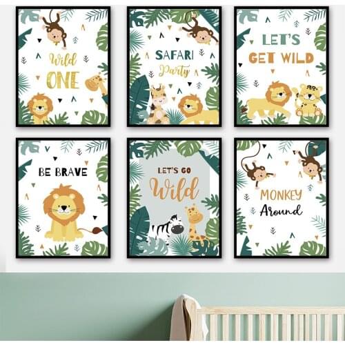 Monstera Leaf Lion Giraffe Monkey Zebra Wall Art Canvas Painting Nordic Posters And Prints Cartoon Wall Pictures Kids Room Decor