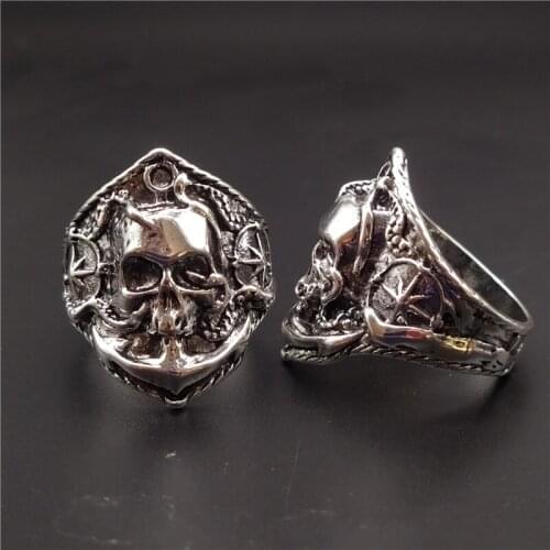 Retro Male Silver Plated Skull Ring Overbearing Skull Ring Viking King Squid Ring Hip-Hop Punk Ring Motorcycle Biker Jewelry