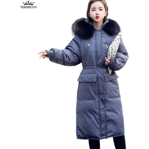 New High-end Fox Fur collar Warm Feather Cotton Down Jacket Hooded Thick Winter Jacket Coat Plus size Slim Long Women Outerwear