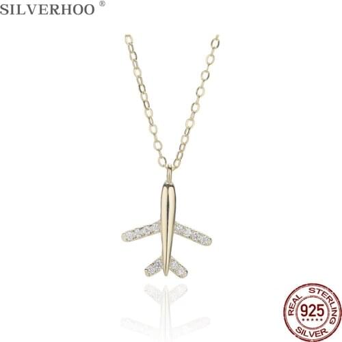 SILVERHOO 925 Sterling Silver Trendy Plane Pendant Necklace For Women Sparkling Zircon Gold Color Chain Necklaces Fine Jewelry