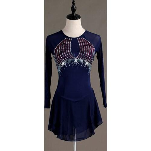 Figure Skating Dress Deep Blue Long Sleeve High Elastic Shiny Rhinestone Ice Skating Dresses Competition Stage Dance Wear B027