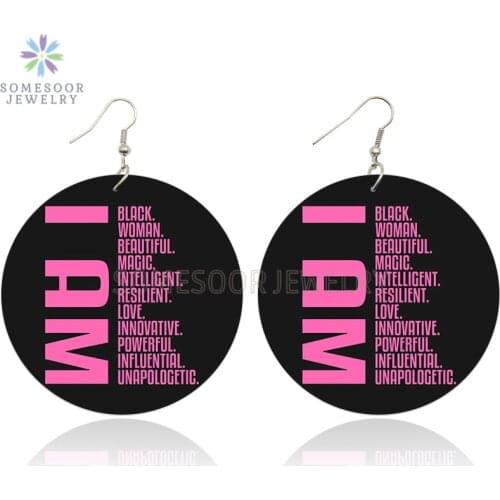 SOMESOOR I Am Strong Smart Black Sayings African Wooden Drop Earrings With Positive Words Photos Wood Pendant For Women Gifts
