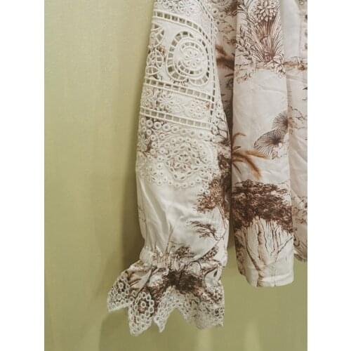 Women Shirt 2020 Autumn and Winter New Embroidery Hollow Lace Edge Petal Sleeve V-neck Shirt Women