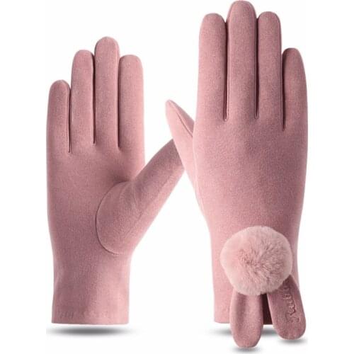 Gloves female winter plus velvet thickened warm wool driving Korean cute rabbit fur ball touch screen student cycling gloves