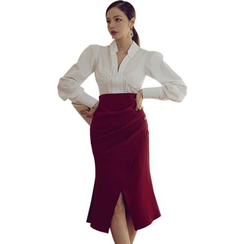 New arrival fashion spring set women OL professional temperament white shirt top and asymmetrical split skirt two piece set