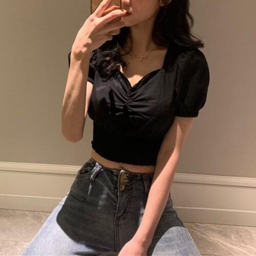 Womens High Waist Top Short Bubble Sleeve Blouse V Neck Slim T-Shirts Breathable d88