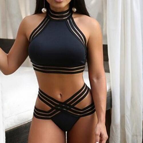 2019 NEW Women Push-up Bikini Halter Mesh Sheer Sleeveless Bra Crop Bandage Bikini Set Swimsuit Swimwear High Waist Bathing