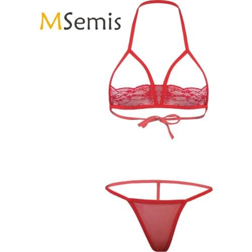 Womens See-through Lingerie Suit Two-Piece Bikini Set Sleepwear Halter Lace-up Open Cup Lace Bra with Mesh G-string Briefs