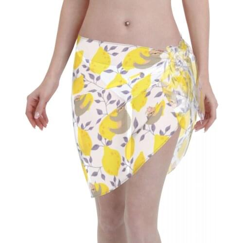 Women See-Through Beach Bikini Cover Up Wrap Scarf Swimwear Pareo Sarong Dress Cute Sloths On Yellow Lemons Casual Beach Dress