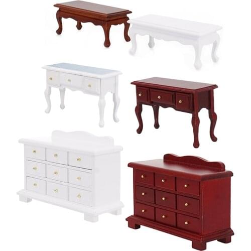1/12 Dollhouse Miniature Table Chair Cabinet Wooden Furniture Set (Wood Color)