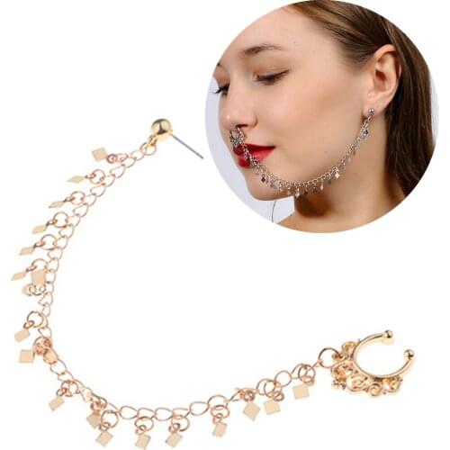 1pcs Fashion Nose Hoop Ring Chain Jewelry Ear Nose Studs With Sequin Tassel Link Chain Geometric Personality Punk Earrings