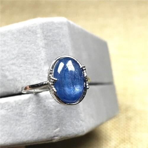 14x10mm Top Natural Blue Kyanite Ring Jewelry For Woman Men Crystal Oval Beads Gift Silver Cat Eye Silver Adjustable Ring AAAAA