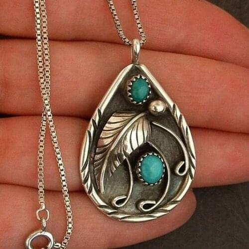 2021 Fashion Vintage Bohemia Leaf Turquoises Water Drop Pendant Necklace Womens