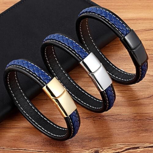 2018 Cross Braided Design Leather Bracelet for Men Women Stainless Steel Magnetic Button Charm Cuff Bangle Gift 3 Sizes Choose