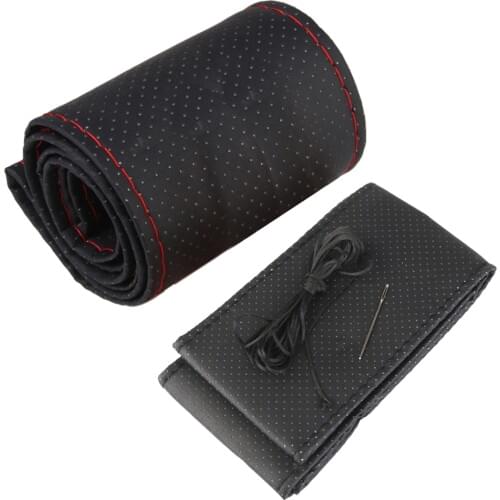 DIY PU Leather Car Steering Wheel Cover Grips Skin Glove Universal Black&Red