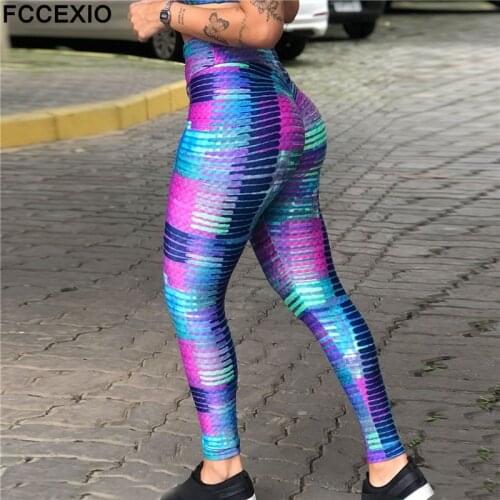 FCCEXIO High Waist Fitness Elastic Leggings Chromatic Stripe Print Sexy Plus Size Leggins Casual Workout Sport Tight Pants