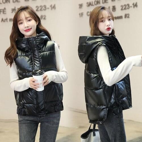 Glossy Waistcoat Womens Short 2021 New Style Down Cotton Waistcoat Korean Hooded Cotton-Padded Jacket Vest Waistcoat Jacket Tre