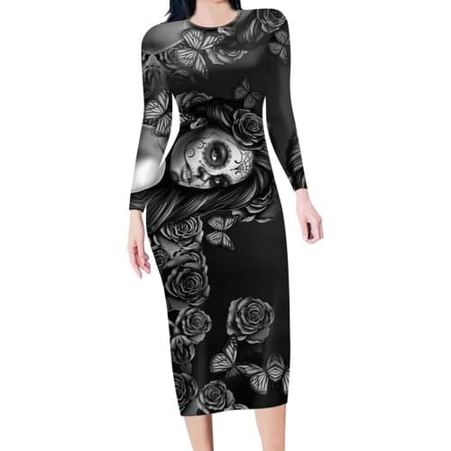 HYCOOL Flower Rose Sugar Skull Print Women Elegant Dress Plus Size S-4XL High Quality Sexy Femme Printed Dresses New Arrival
