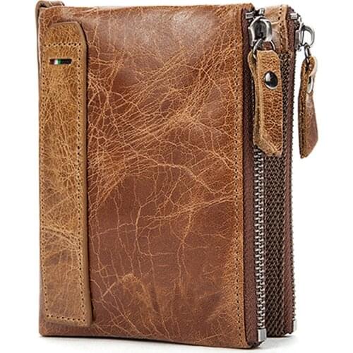 Leather Men Wallets Short Credit Business Card Holders Double Zipper Cowhide Leather Wallet Purse Carteira
