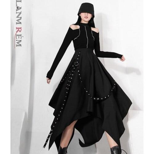 LANMREM Black Skirt For Women Irregular High Waist Punk Style Medium Length Fashion Streetwear Skirts 2021 Autumn 2C2297