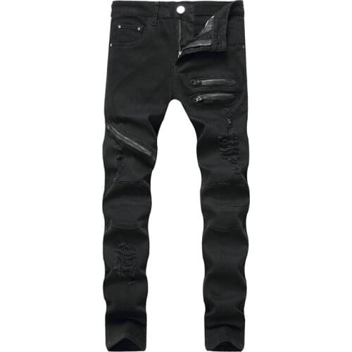 Men 's Denim Pencil Pants, Slim-Fit Distressed Destroyed Zipper Stretch Ripped Jeans, Long Ripped Holes Trousers