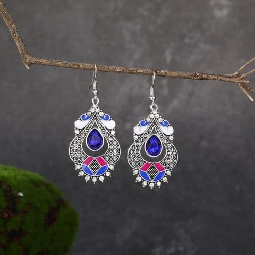 New Ethnic Womens Silver Color Water Drop Bohemian Earrings Vintage Blue Beads Gypsy Jhumka Earrings Oorbellen Hangers