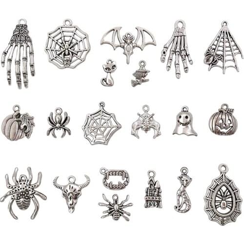 New Style 40PCS/Pairs Halloween Charms Mixed Alloy Pumpkin Skull Ghost Clown Spider Bat Cat Pendant Jewelry Making Accessory