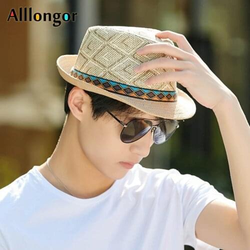 Panama Straw Jazz Hat Summer 2020 Beach Sun Hats Men Fedoras Plaid Print Fashionable Women Sunhat chapeau paille