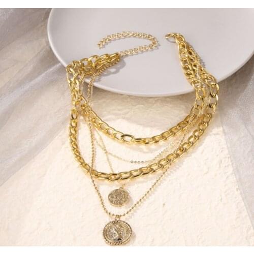 Punk Gold Portrait Coin Pendant Necklace For Women Cuban Multilayered Chunky Thick Chain Choker Necklaces Gothtic Jewelry