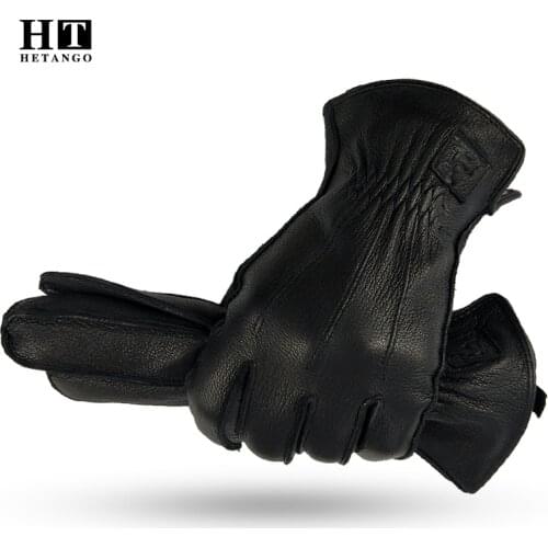New winter mens leather gloves outdoor warm soft wear-resistant outer sewing black lines pattern deerskin mittens wool lining