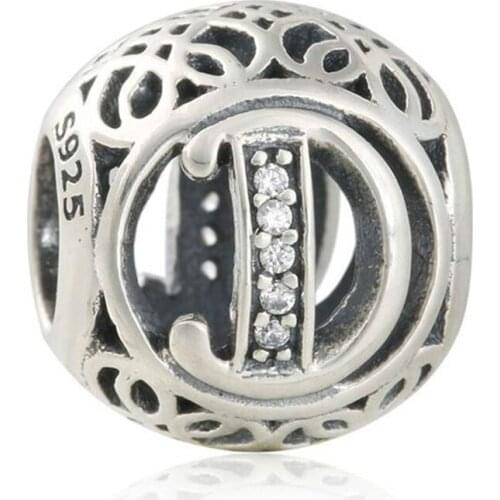Fits Pandora bracelets Summer 925-Sterling-Silver Vintage Alphabet Cubic Zirconia Letter D Openwork Charms Beads jewelry LE16D