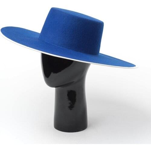 01908-HH8159 big brim winter autumn fashion Pure blue wool solid fedoras cap men women leisure panama jazz hat