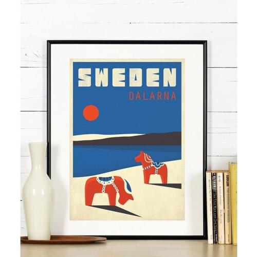 Sweden Dalarna Retro Artwork Print Dala Horse Animal Landscape Nordic Style Wall Home Decoration Scandinavia Travel Poster Gift