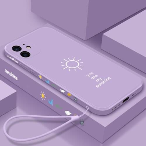 Ultra-thin Cute Sunshine Square Liquid Silicone Phone Case For iPhone 12 11 Pro XS Max SE XR X 8 7 6 Plus Luxury Lanyard Cover