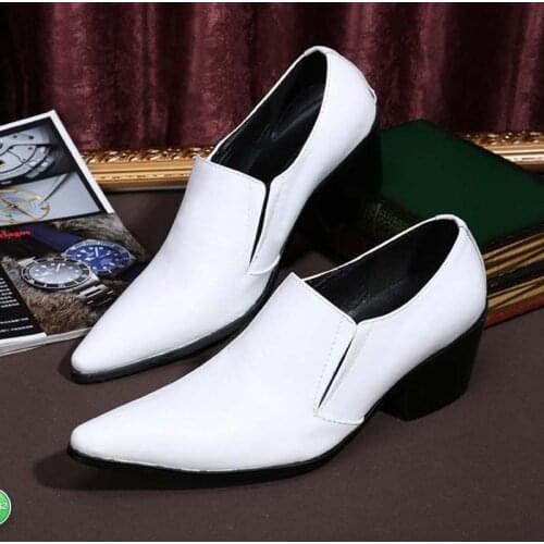 White Men Genuine Leather Oxfords Slip On Mens Wedding Dress Shoes Pointed Toe Business Leather Shoe High Heels Loafers